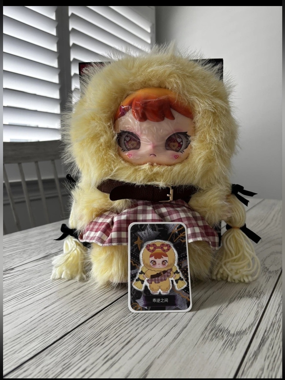 Baby Three -Rebaby , 400% ,Plush Hooded Doll in Yellow Fur with Plaid Dress